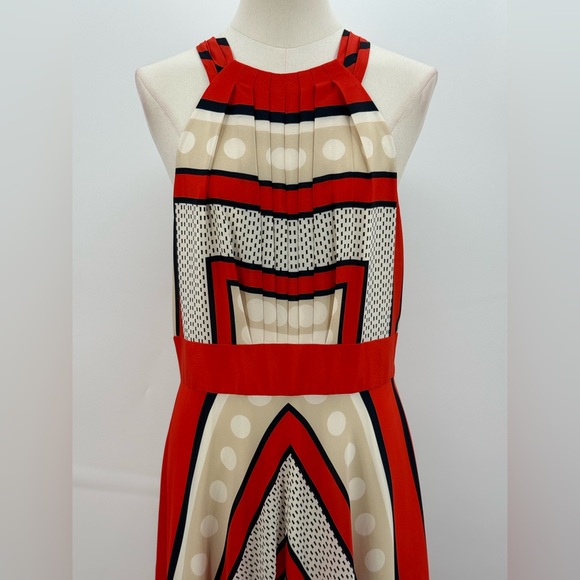 Eliza J Scarf Boho Halter Maxi Dress Red Beige Abstract Geometric Design Size 10 - Picture 6 of 17